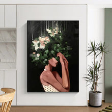 Load image into Gallery viewer, “Floral - Headed Woman in Darkness” – Woman with green foliage and white flowers obscuring her head, dark background. DTP323
