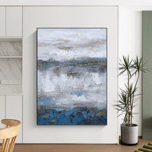 Load image into Gallery viewer, “Grey - Blue Horizons with Gold Accents” - Grey, Blue, Gold Abstract Art on Canvas DKH1226
