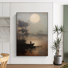Load image into Gallery viewer, Gray &amp; Brown Moonlit Lake Abstract Art, Perfect for Calming Bedroom LargeART2094
