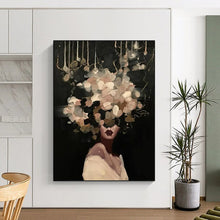 Load image into Gallery viewer, “Floral Veil in Darkness” – Woman with soft, pale flowers and greenery covering her head, dark setting. DTP326
