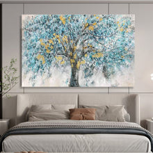 Load image into Gallery viewer, Blue Tree “Golden Accents” Painting on Canvas, Whimsical Landscape Art DKH889
