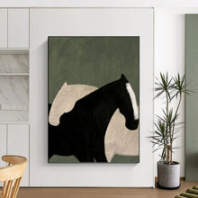 Load image into Gallery viewer, “Abstract Horse Embrace” - Black, White, and Green Animal Art on Canvas DKH1411
