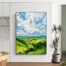 Load image into Gallery viewer, “Textured Green Landscape with Blue Sky” - Impasto Landscape Art on Canvas DKH1557
