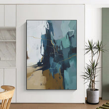 Load image into Gallery viewer, “Blue - Gray Abstract with Gold Lines” Abstract Painting on Canvas, Modern Office Decor DKH1016
