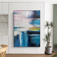 Load image into Gallery viewer, “Colorful Sky Over Blue Waters” - Pink, Blue, Yellow, White Abstract Art on Canvas DKH1232
