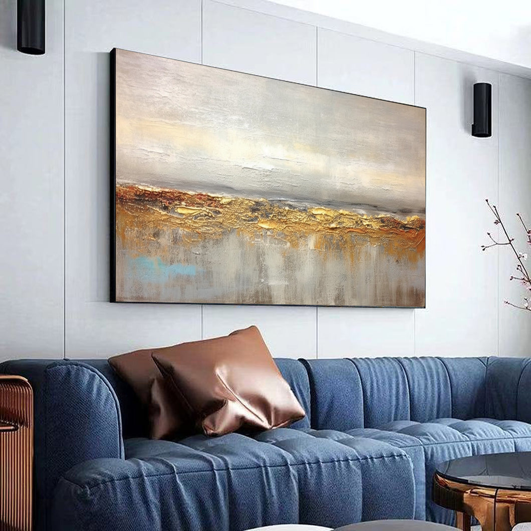 Grey Gold Textured Canvas Painting Minimalist Art For Living Room Extra Large Wall Art