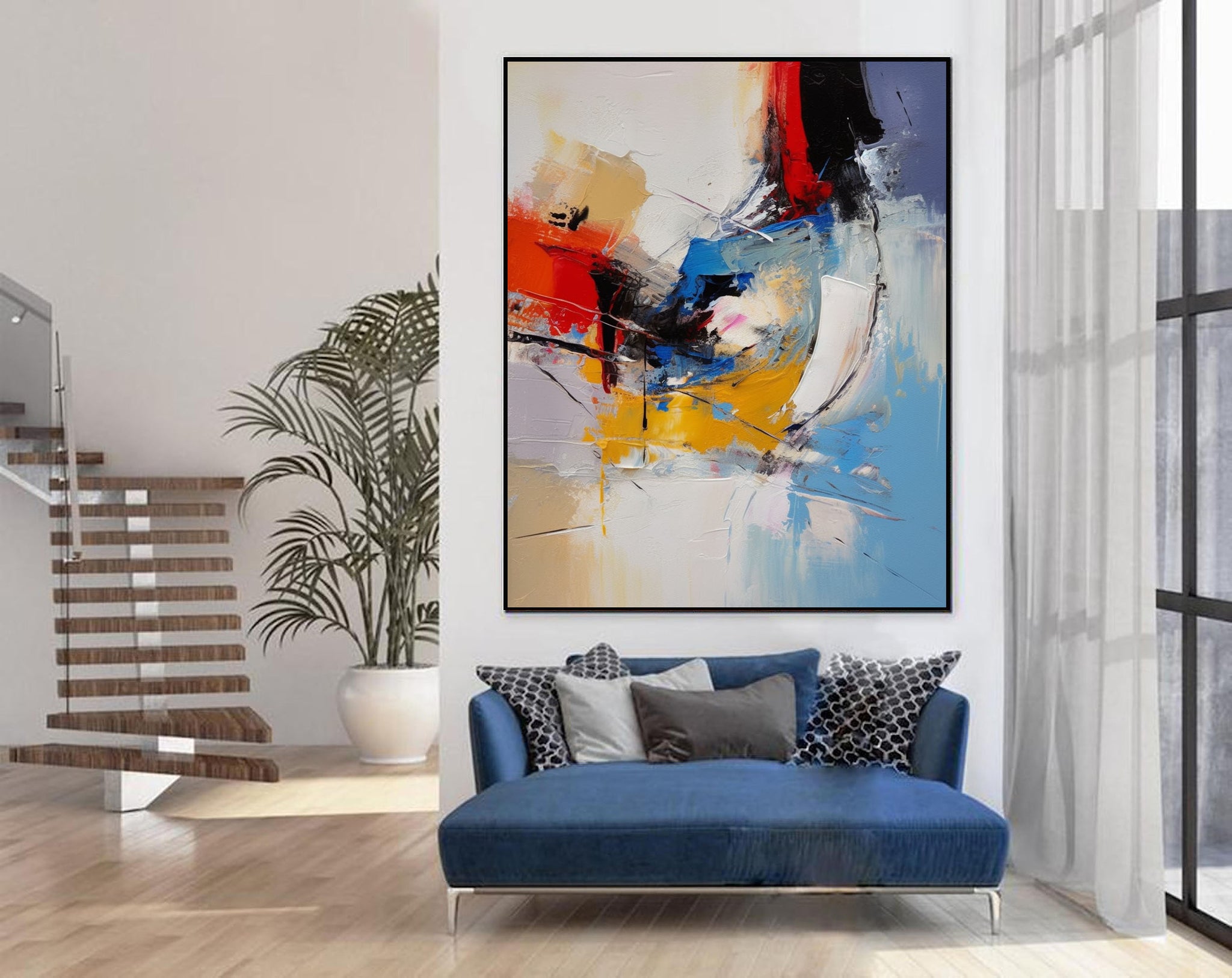 Blue White Red Palette Knife Abstract Painting Textured painting Extra  Large Wall Art For Living Room Bedroom Big Modern Canvas Art