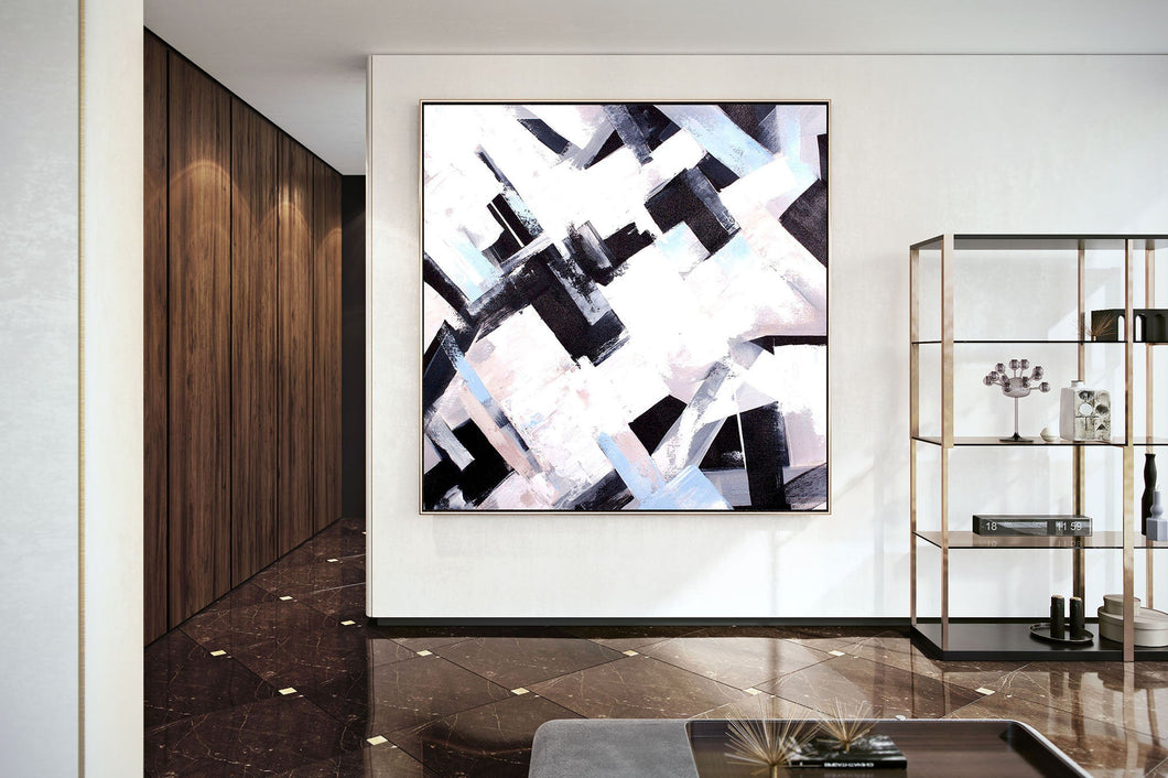 Black And White Beige Abstract Painting Large Artwork Kp084