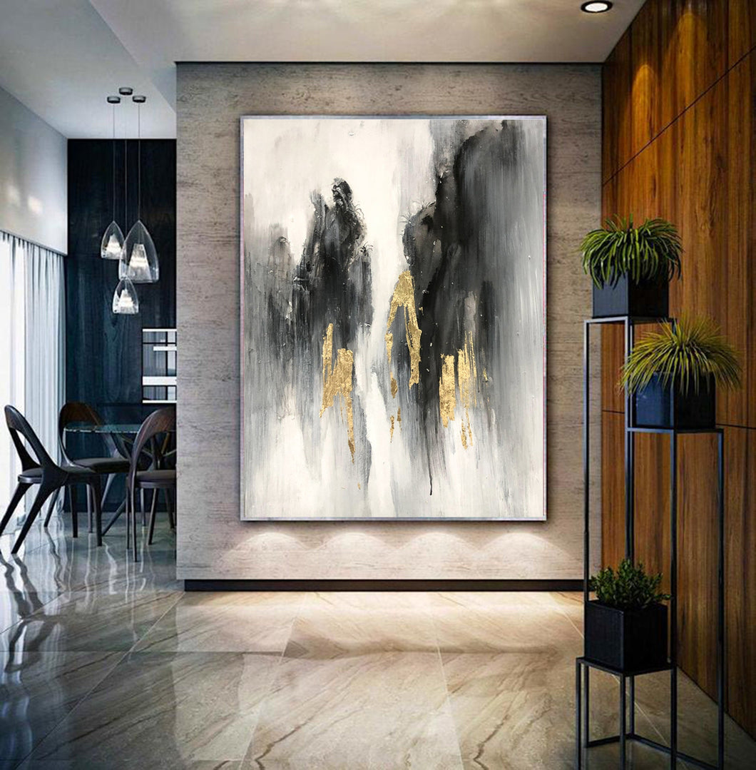 Black And White Landscape Painting Gold Leaf Modern Canvas Art Sp081