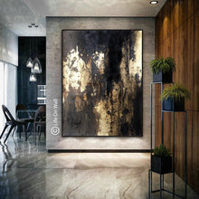 Load image into Gallery viewer, Black Gold Leaf Vertical Abstract Painting Living Room Bedroom Art Wp050
