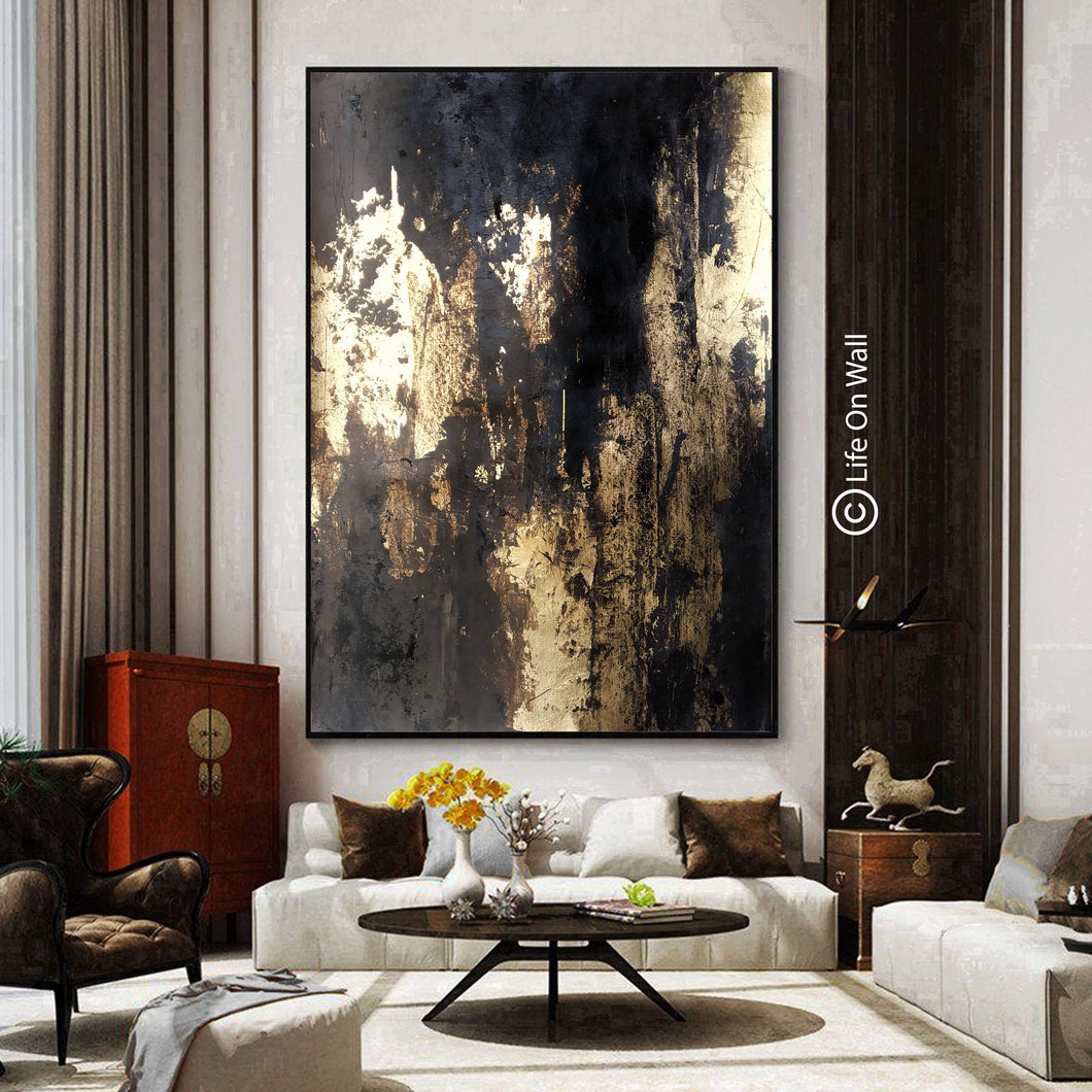 Black Gold Leaf Vertical Abstract Painting Living Room Bedroom Art Wp050