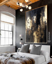 Load image into Gallery viewer, Black Gold Leaf Vertical Abstract Painting Living Room Bedroom Art Wp050
