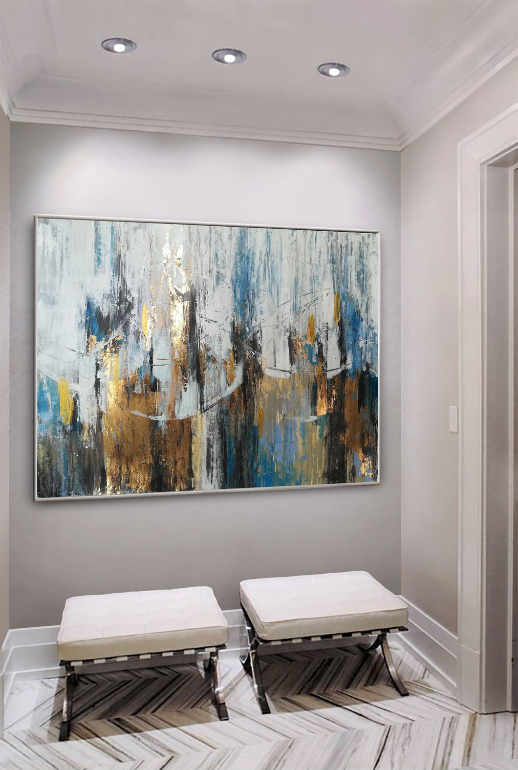 Blue Gray Abstract Painting Gold Leaf Art Modern Canvas Art Sp045