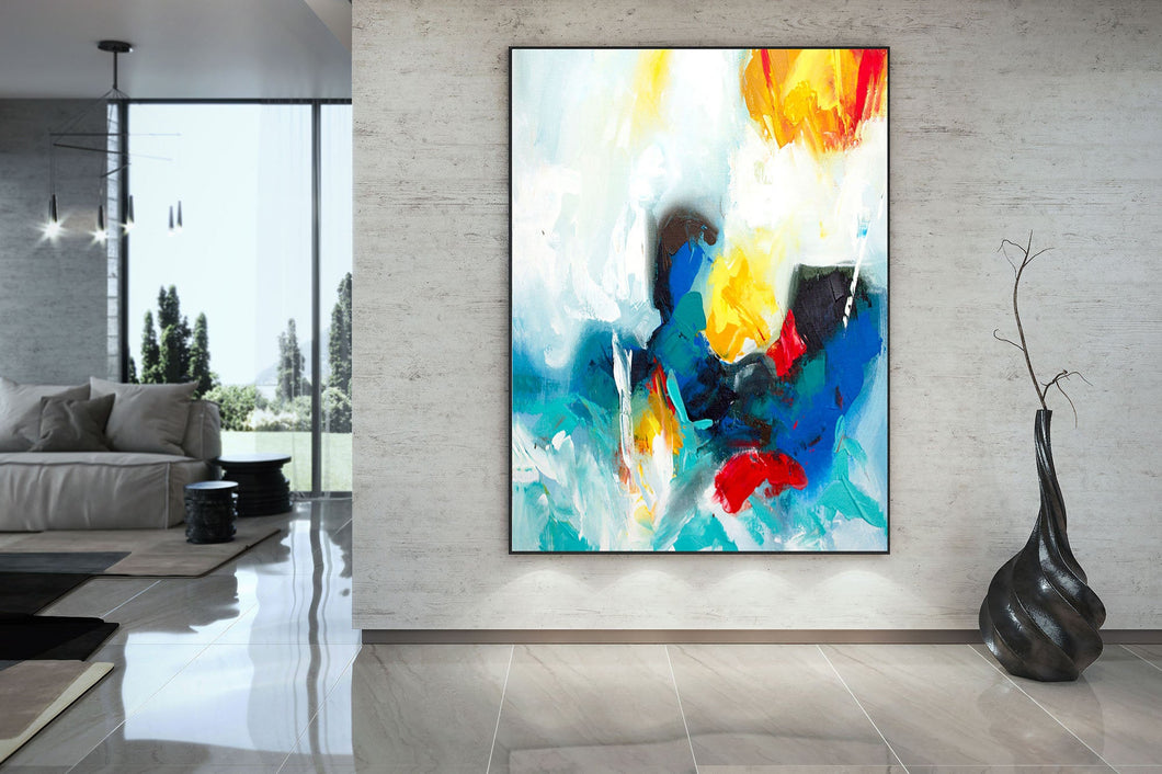 Blue Red Yellow Abstract Painting White Contemporary Art Kp079