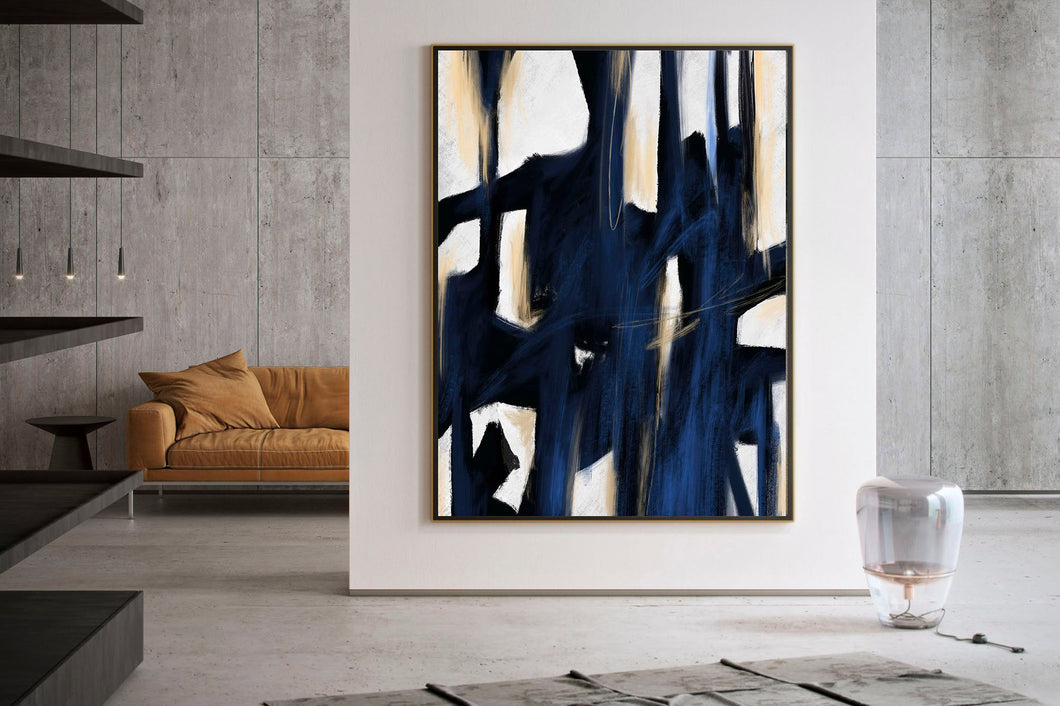 Deep Blue Beige White Abstract Painting Large Artwork Kp092