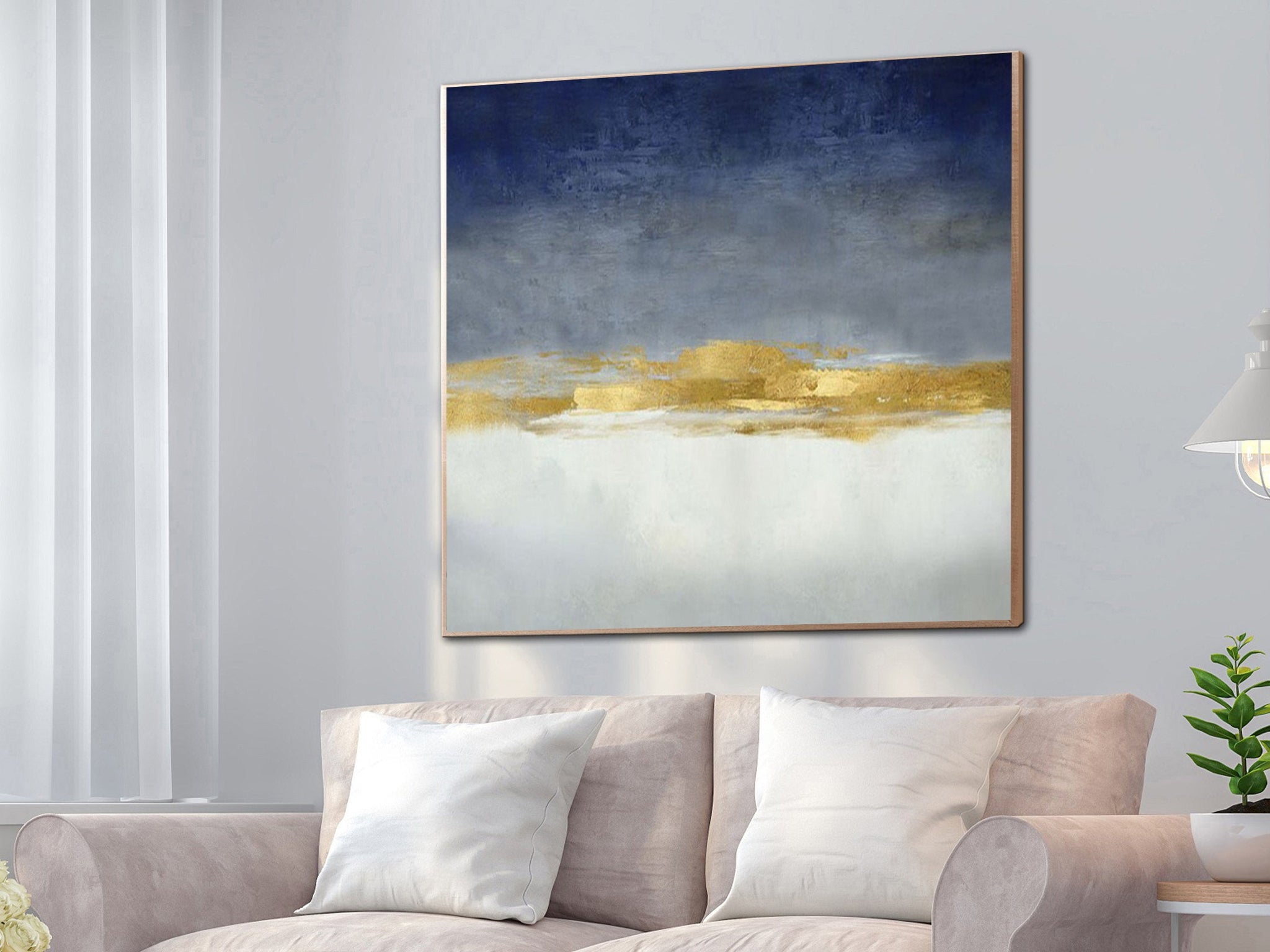 Deep Blue White Gold Minimalist Abstract Painting For Office Sp003 – Extra Large Wall Art