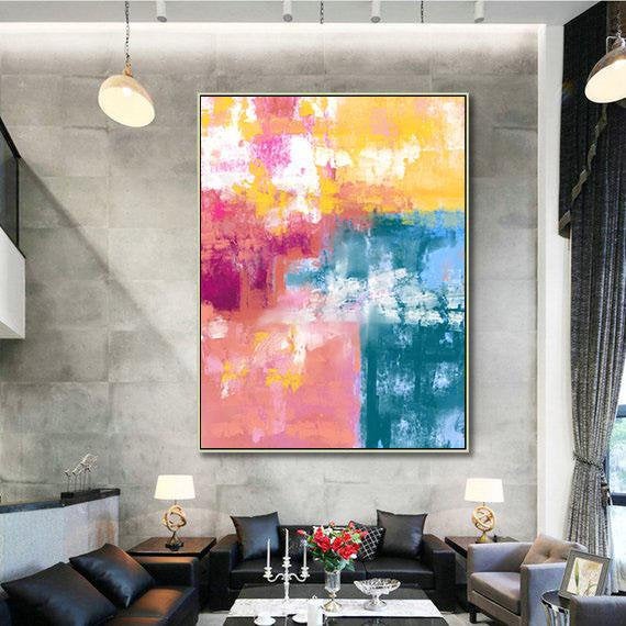 Pink Blue Yellow Abstract Painting for Decor Colorful Painting Kp100