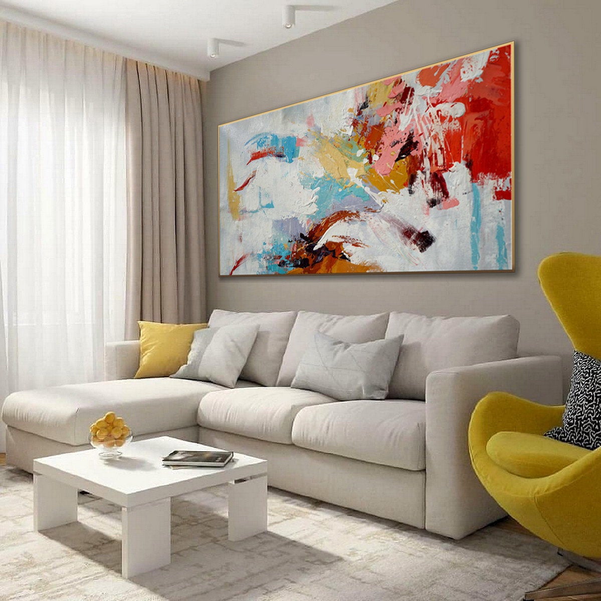 Red Blue White Abstract Painting Yellow Modern Textured Art Sp097 ...