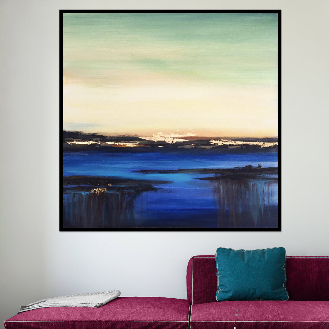 Sunset Painting Blue Gold Leaf Abstract Painting For Living Room Office Sp031