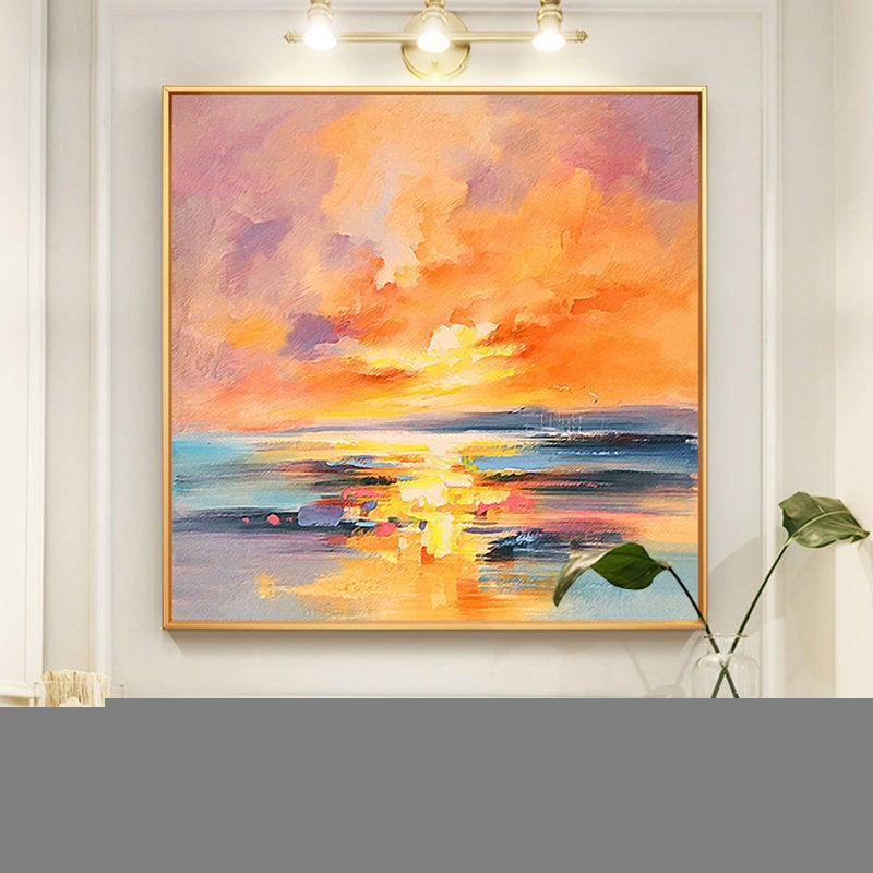 Yellow Pink Sunrise Scenery Seascape Wave Art Blue Sea Canvas Painting Sp110