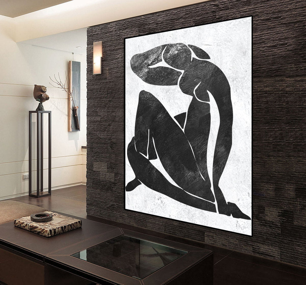 Abstract Nude Painting on Canvas Black and White Handmade Fp005