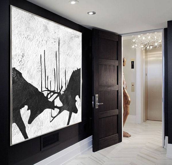 Deer Painting Black and White Wall Art Handmade Abstract Canvas Art Yp100