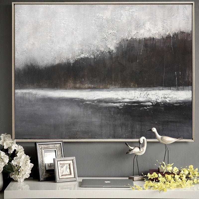 Black And White Minimalist Canvas Art Abstract Landscape Painting Ap022