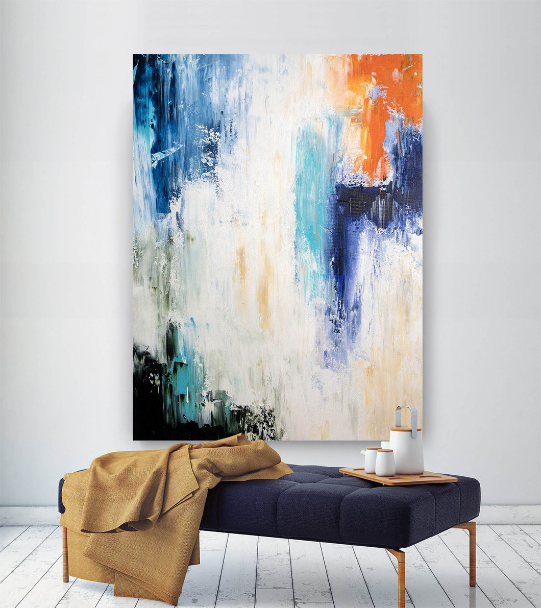 Blue White Orange Abstract Painting Large Living Room Art Fp057