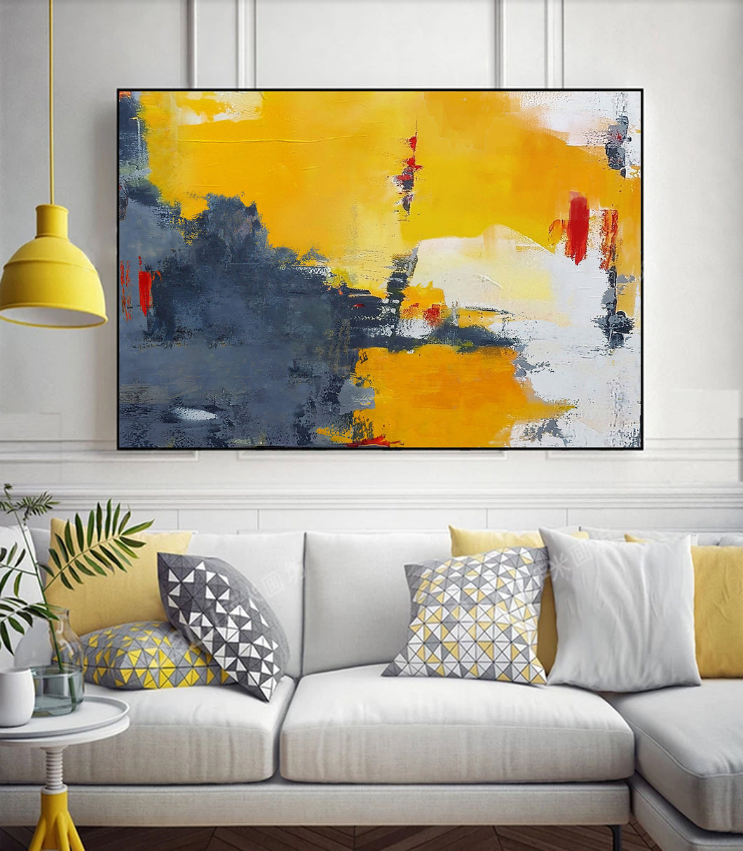 Yellow Gray Abstract Art White Abstract Painting,Large Wall Art Canvas Np035