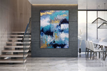 Load image into Gallery viewer, Blue White Gold Abstact Painting Palette Knife Artwork Contemporary Qp024
