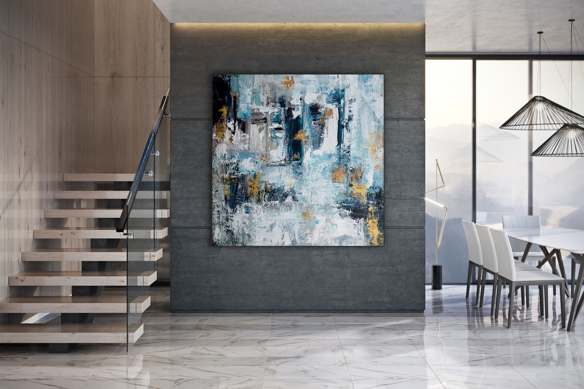 Extra Large Wall Art,Blue Gold Modern Painting,Living Room Wall Art,BL