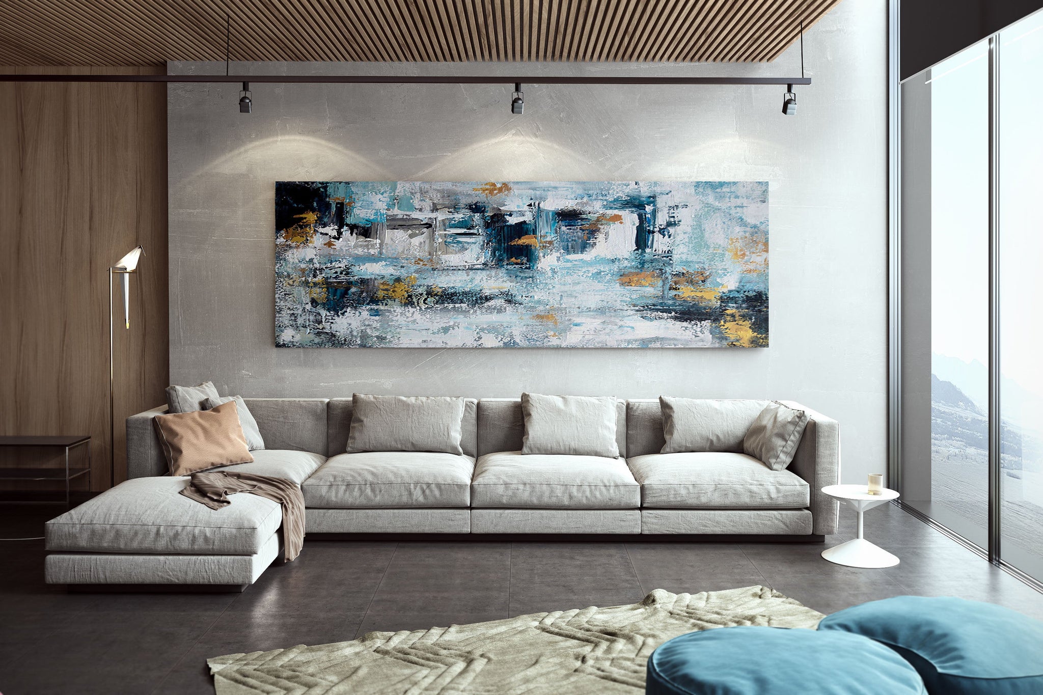 Extra Large Wall Art,Blue Gold Modern Painting,Living Room Wall Art,BL