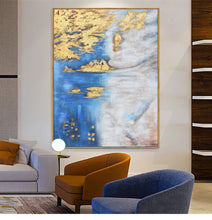 Load image into Gallery viewer, Blue White Gold Abstract Painting Oversized Artwork for Walls Op005
