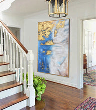 Load image into Gallery viewer, Blue White Gold Abstract Painting Oversized Artwork for Walls Op005
