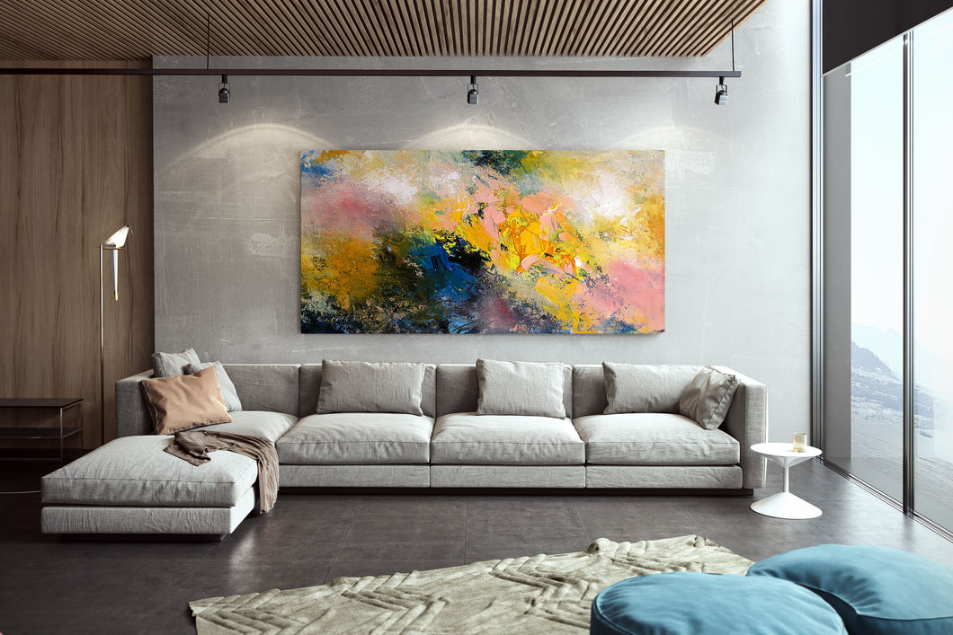 Extra Large Modern Wall Art Yellow Pink Blue Dine Room Wall Art