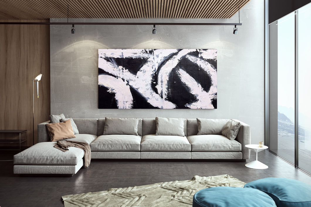 Black and White Art Wide Large Abstract Painting,Living Room Wall Art Bp119