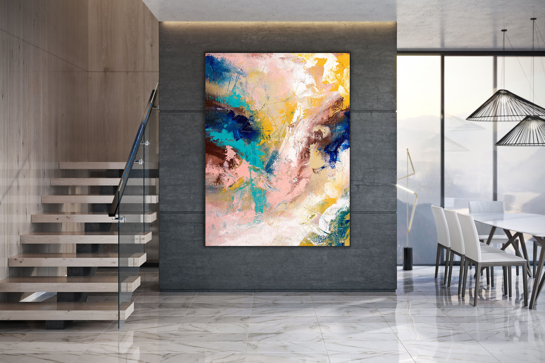 Pink Blue Yellow Abstract Painting Large Artwork Abstract Canvas Art Dp018