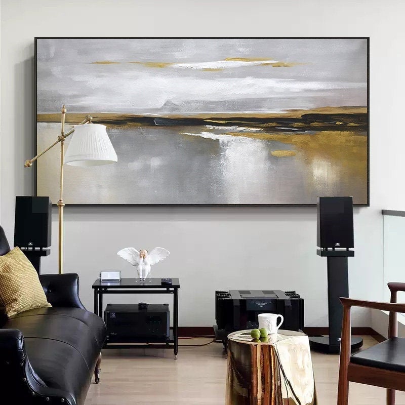 Large Abstract Canvas Art White Ocean Painting Gold Yg002