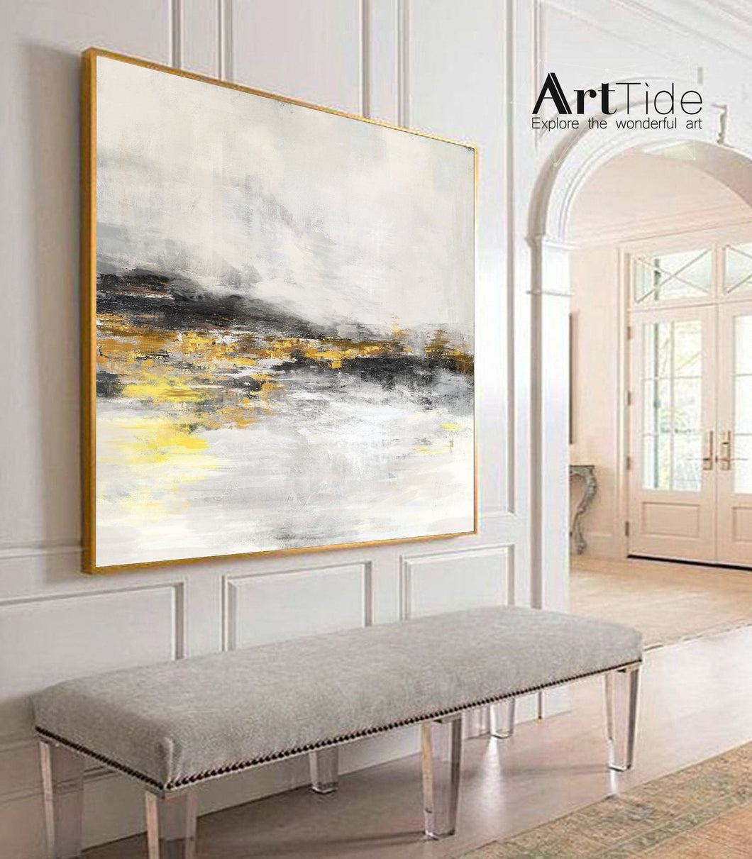 Black White Abstract Painting Yellow Gold Painting Handmade Wall Decor Ap042