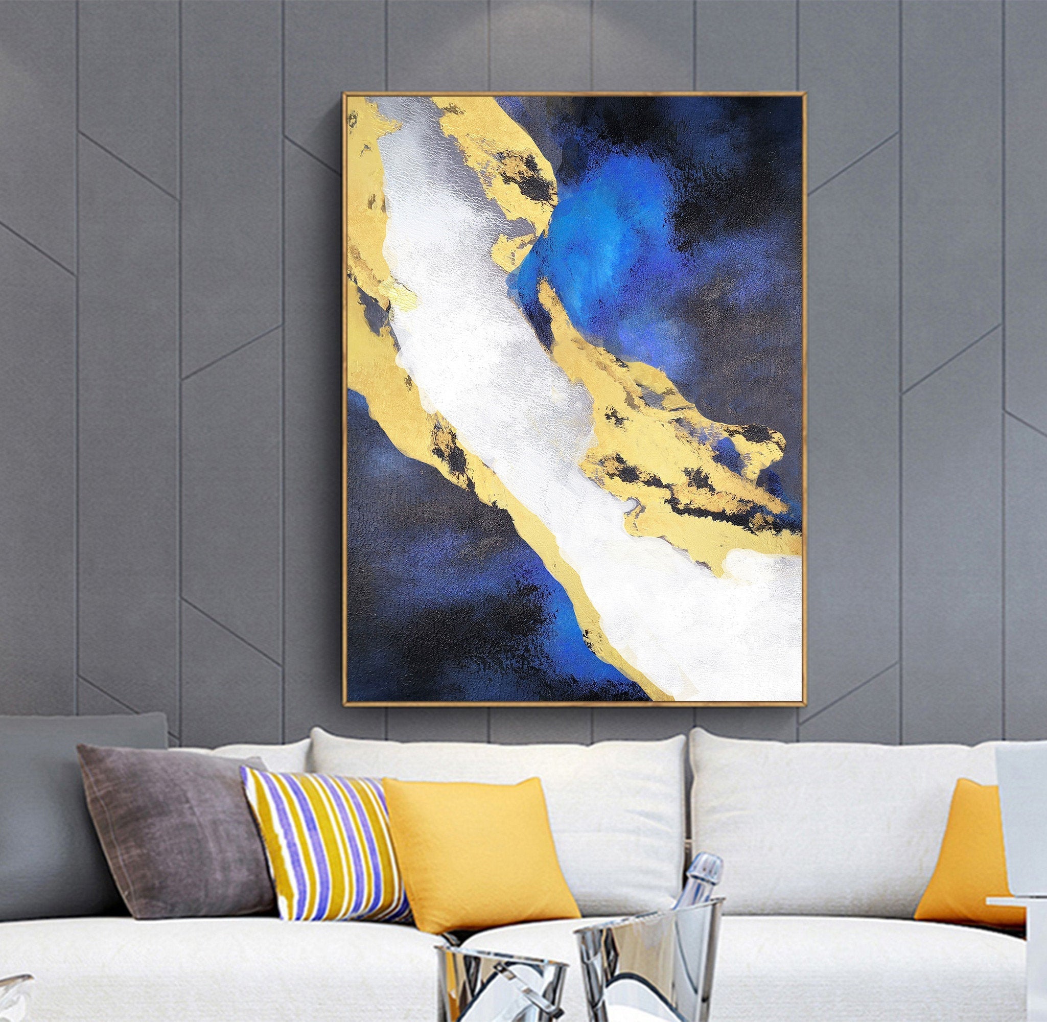 Blue White Gold Painting Navy Blue Abstract Painting on Canvas Op057 ...