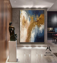 Load image into Gallery viewer, Large Living Room Art Blue Gold Abstract Painting Bg012
