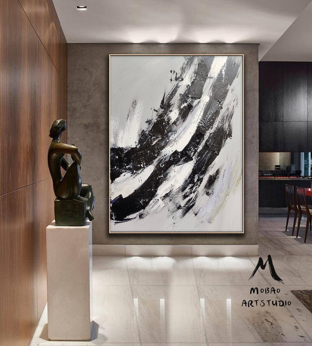 Gray White Painting Black Painting,Oversized Black and White Art BL017