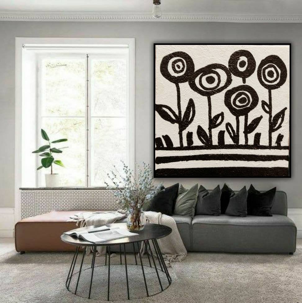Black and White Original Abstract Painting Minimalist Flower Painting Kp061