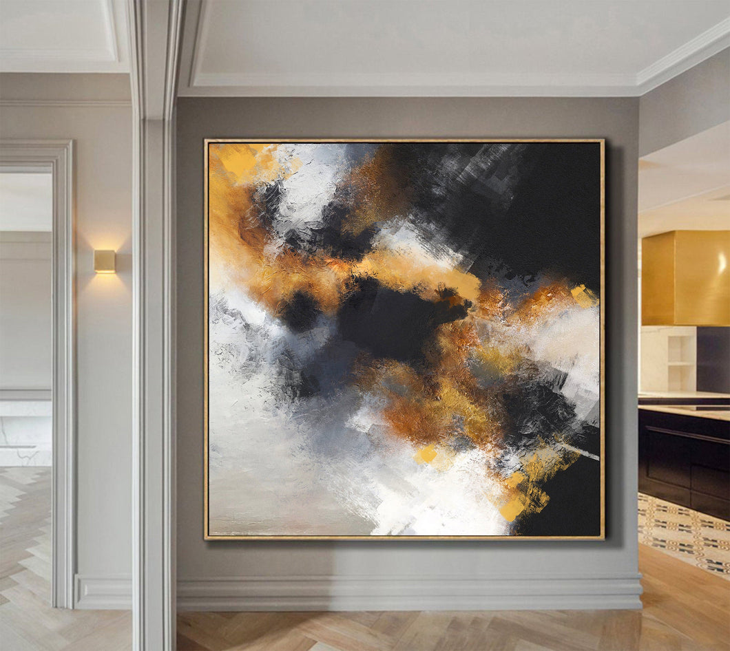 Yellow Black White Abstract Art Original Artwork Cloud Painting Op042