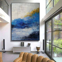 Load image into Gallery viewer, Blue White Gold Original Abstract Painting Modern Canvas Art Op098
