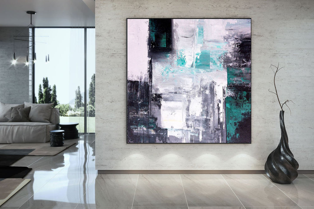 Black And White Green Modern Wall Art Unique Abstract Painting Qp015