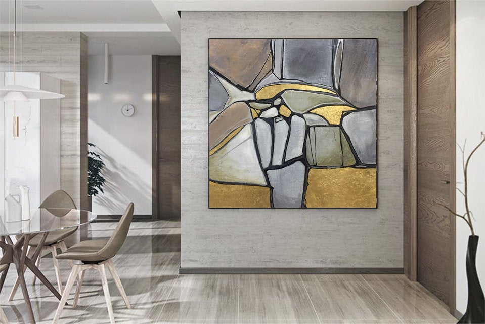 Gold Gray Brown Abstract Painting on Canvas Kp043