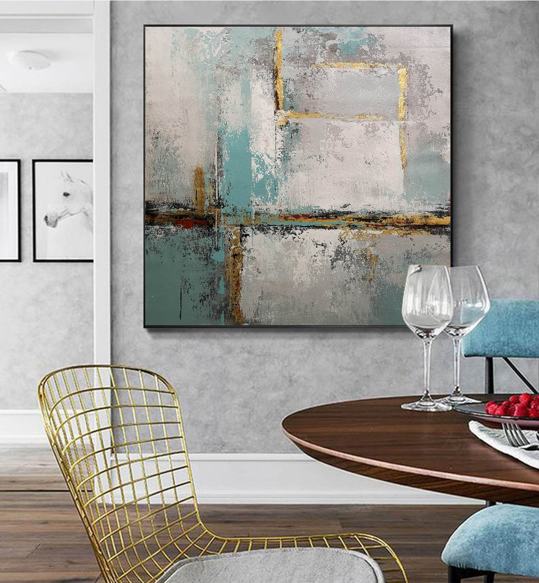 Gray Blue Gold Acrylic Painting Contemporary Abstract Art Op087