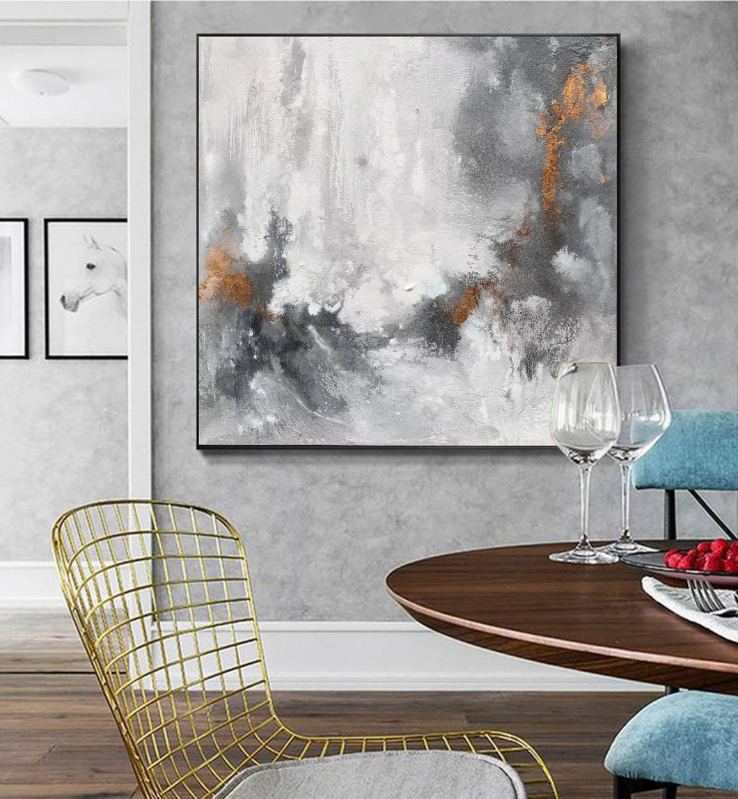 Gray White Gold Abstract Painting Canvas Original Contemporary Wall Art Yp054