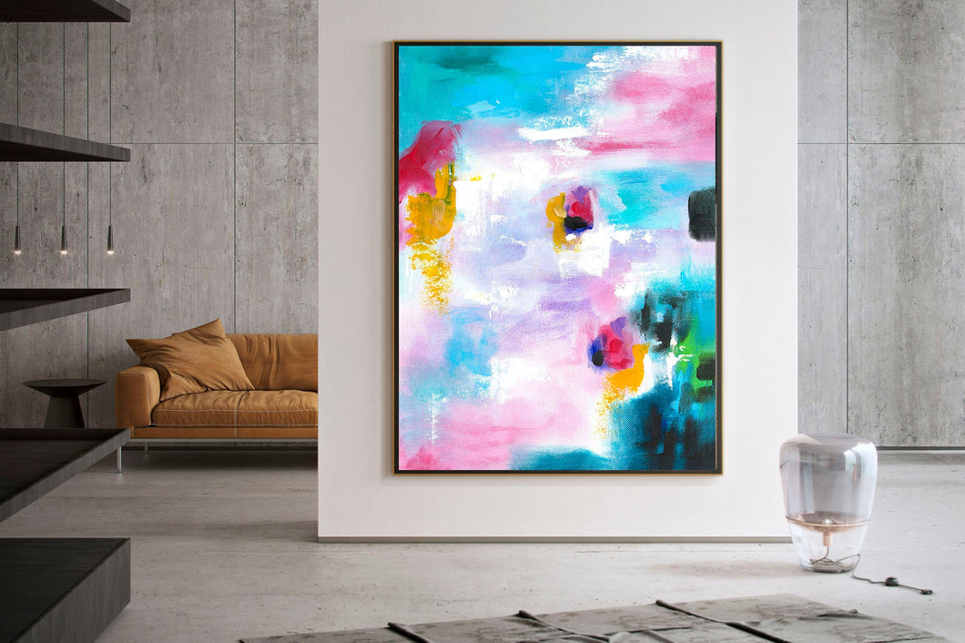 Teal Pink Blue Abstract Painting on Canvas Textured Art Kp063